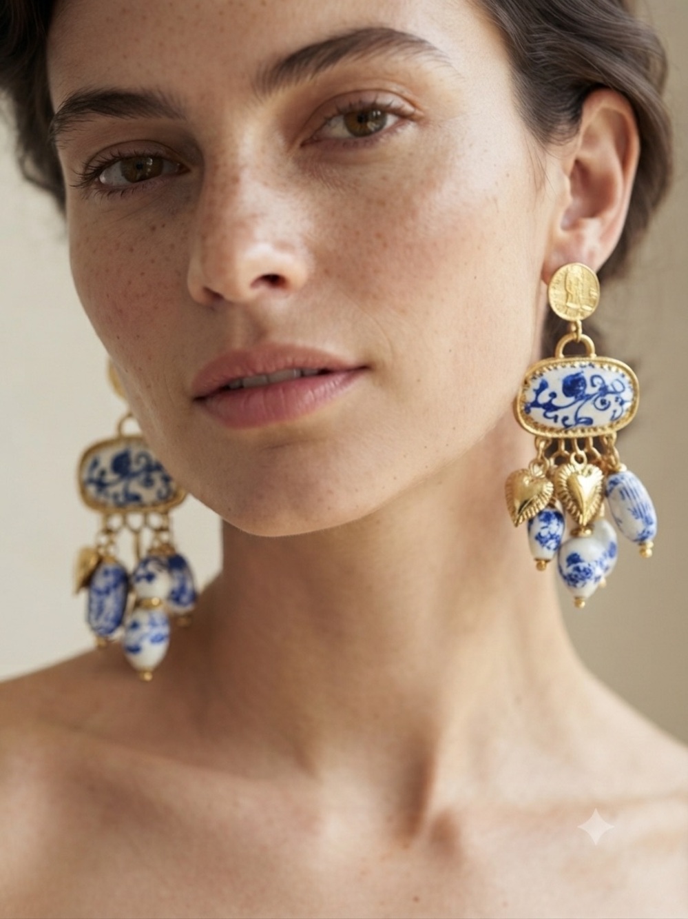 ✨ Gold-Plated Blue and White Ceramic Dangle Earrings - Stainless Steel